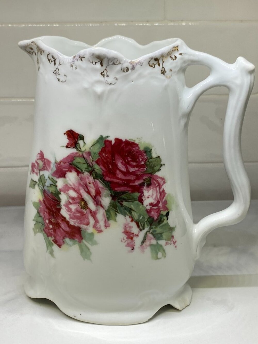 ANTIQUE c1900 Victoria Austria Crown Mark Rose Pitcher #299 Austrian Porcelain